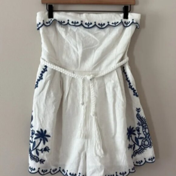 Caroline Constas Linen Blend Romper Embroidered Scallop Design Tie Waist Blue S - Picture 1 of 7